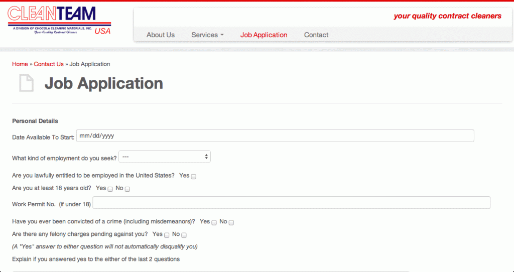 CleanTeam USA Job Application page.